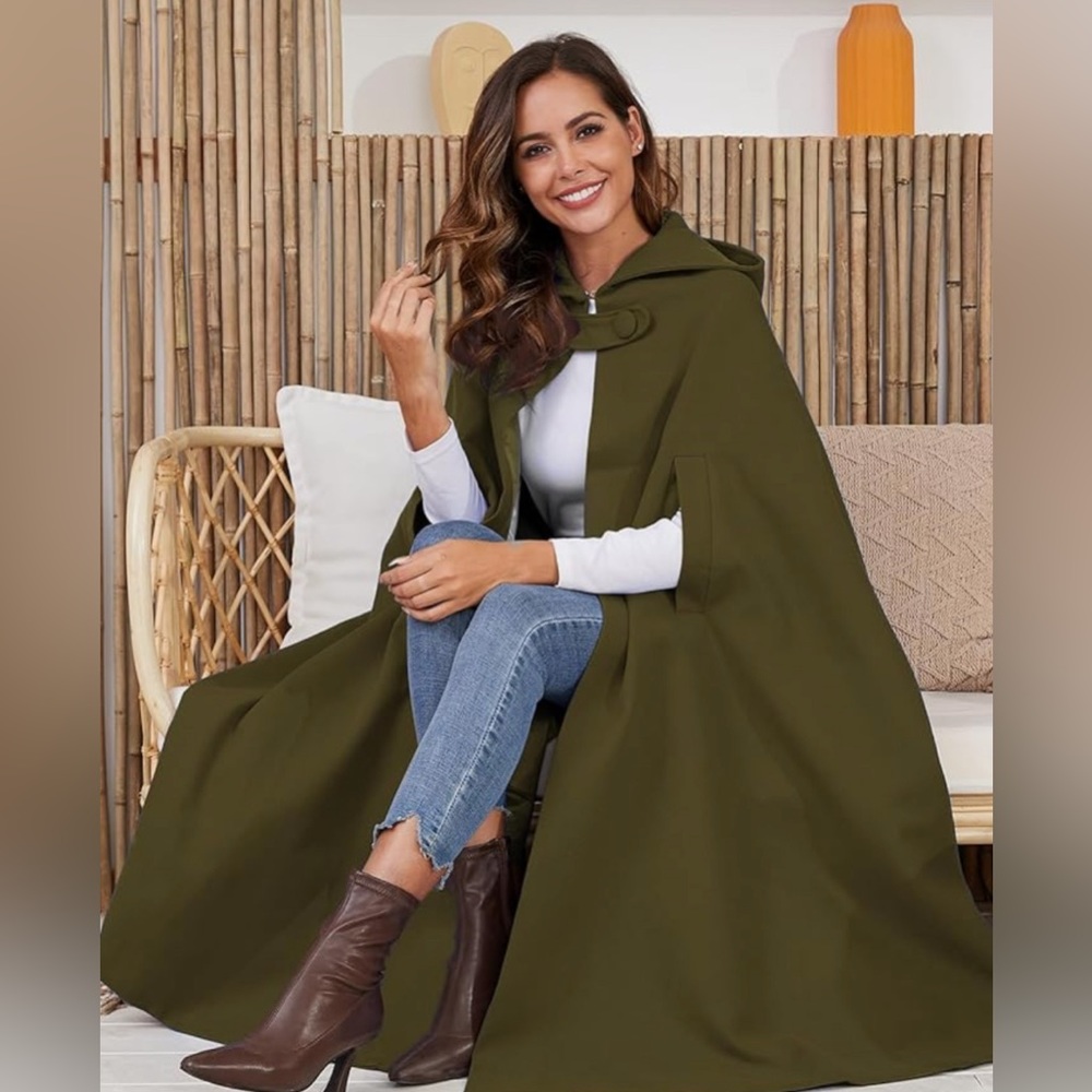 Gihuo Cape Poncho Women's Hooded Maxi Cloak Coat - One Size - Army Green